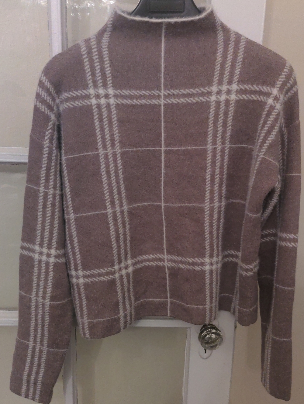 New Tahari Taupe Plaid Funnel Neck Sweater, Cream Windowpane, Soft